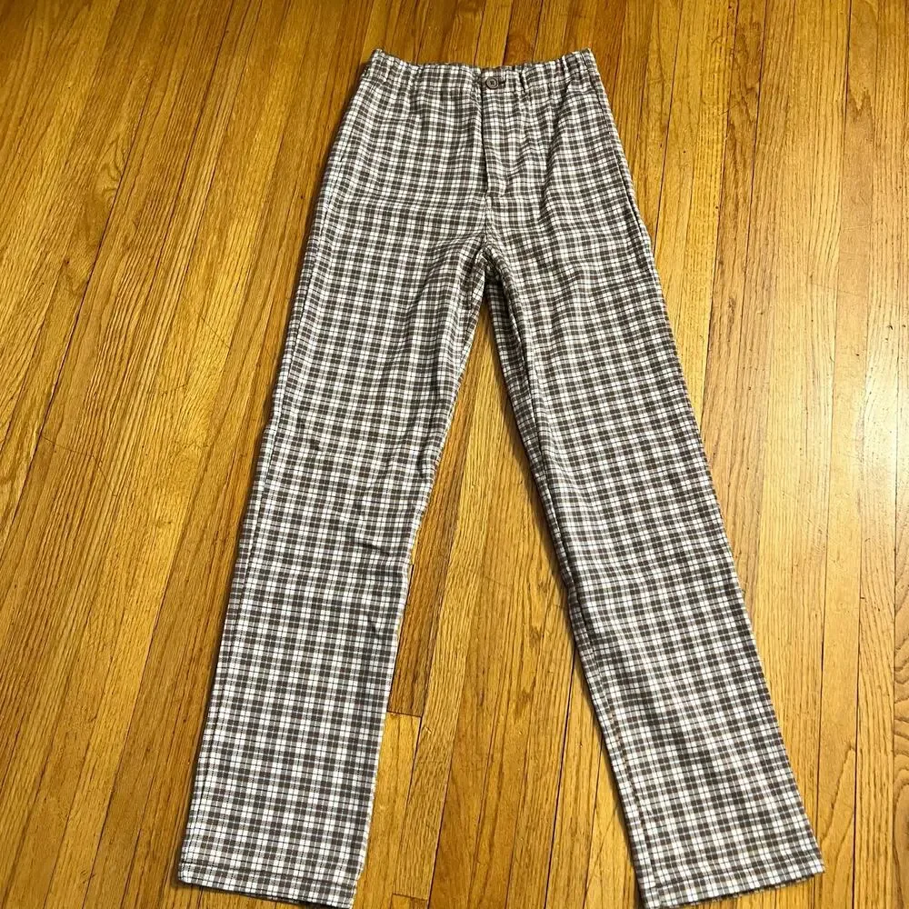 Brandy Melville Pants Women One Size Brown Straight Plaid 25x29.5 High Rise